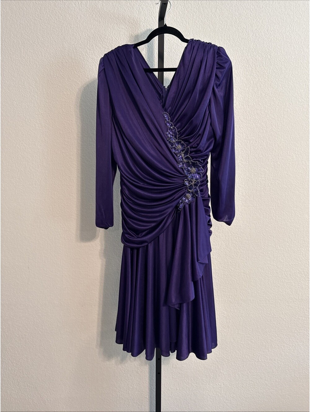 ABBY KENT Vintage 1980s Purple Draped Beaded Ruched Dress Long Sleeve Sz: 15/16
